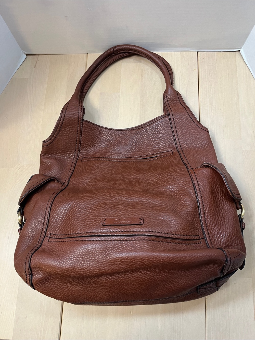 Cole Haan Tobacco Brown Pebbled Leather Shoulder Bag Purse Tote Gold Tone Trim - Picture 3 of 16